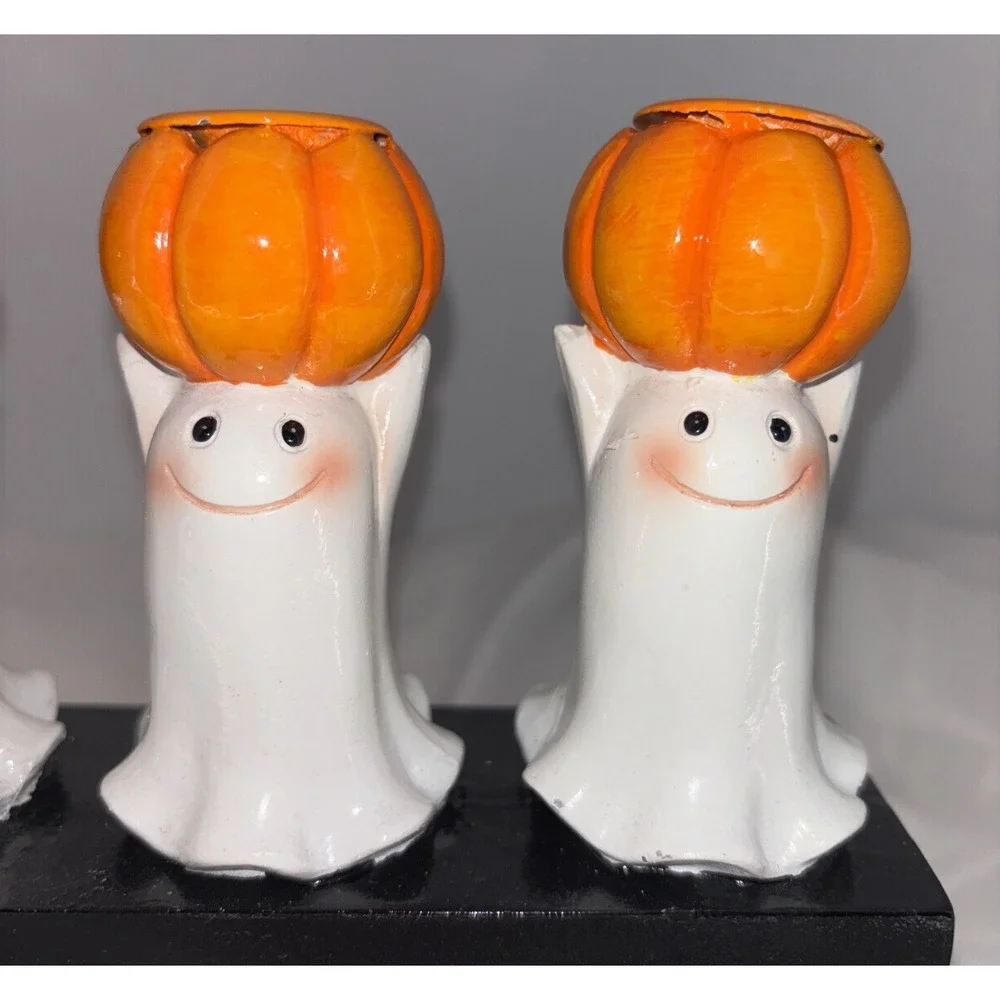 Hallow Home Tabletop 5 Ghosts & Pumpkins Halloween Taper Candlestick Holder